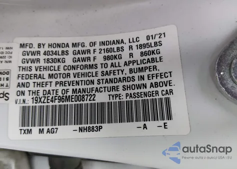 2021 Honda Insight Touring из США, поврежденный, VIN 19XZE4F96ME008722